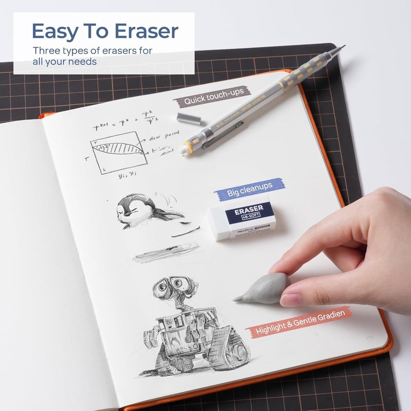 Nicpro Blocky Gear 0.9 mm Mechanical Pencils Set in Case, 3 Pack Metal Pencil 8 Tube with Lead Refills 0.9mm (HB 2B), 3 Erasers for Professional & Adult Art Writing Drafting Drawing - Image 3